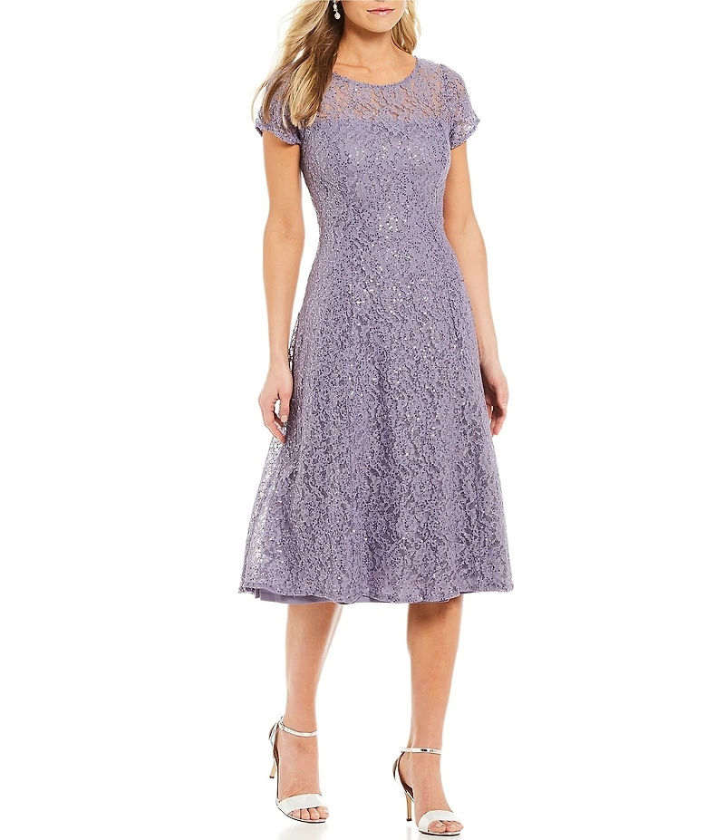 Ignite Evenings Round Neck Short Sleeve Sequin Lace Midi Dress