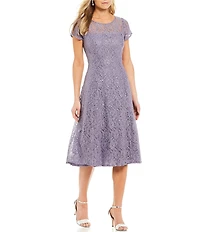 Ignite Evenings Round Neck Short Sleeve Sequin Lace Midi Dress