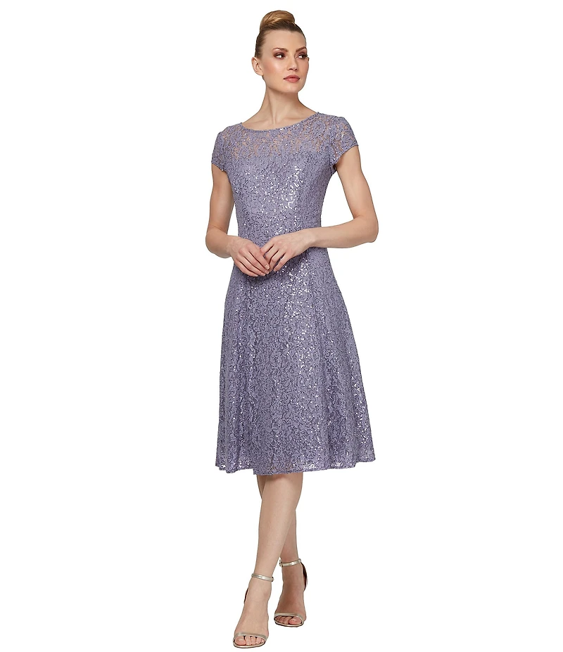 Ignite Evenings Round Neck Short Sleeve Sequin Lace Midi Dress