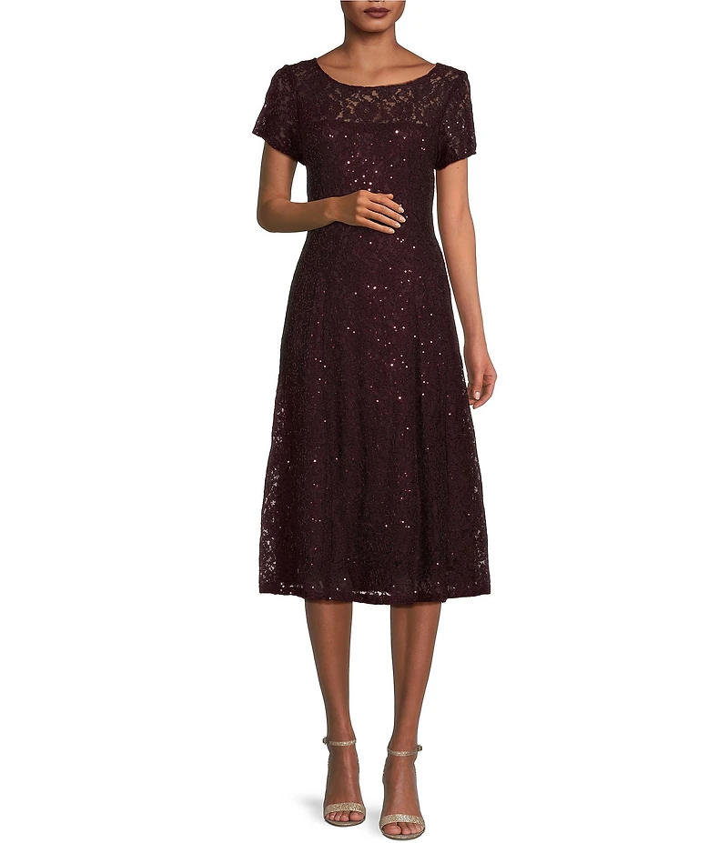 Ignite Evenings Round Neck Short Sleeve Sequin Lace Midi Dress