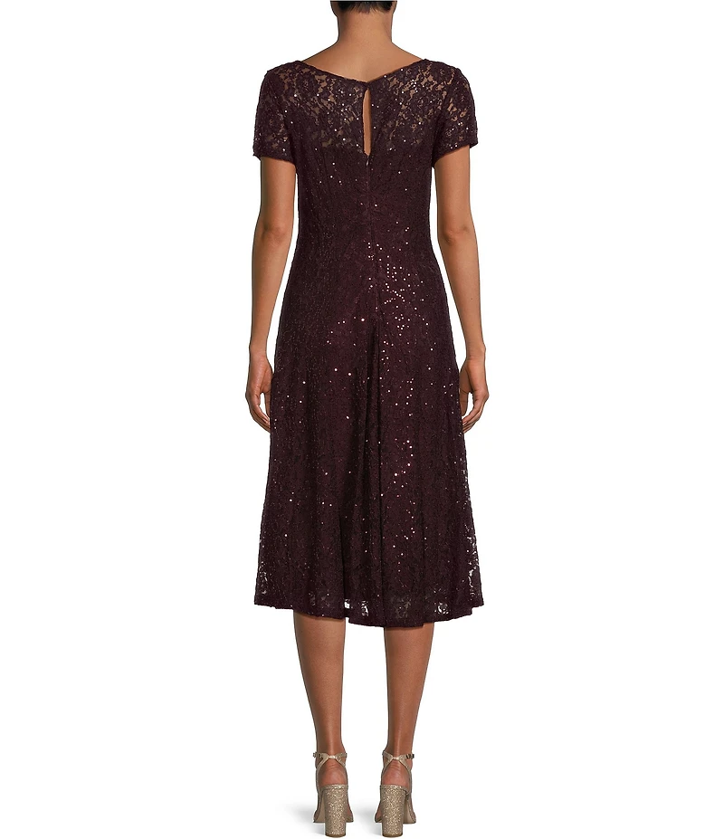 Ignite Evenings Round Neck Short Sleeve Sequin Lace Midi Dress