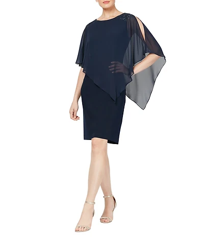 Ignite Evenings Chiffon Asymmetric Overlay 3/4 Sleeve Beaded Shoulder Detail Round Neck Sheath Dress