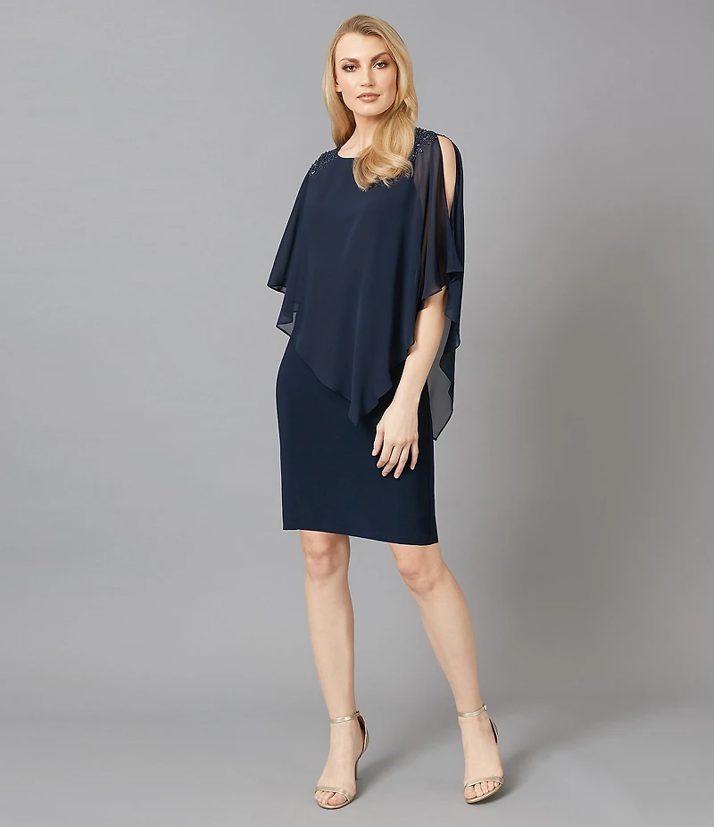 Ignite Evenings Chiffon Asymmetric Overlay 3/4 Sleeve Beaded Shoulder Detail Round Neck Sheath Dress