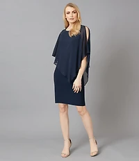 Ignite Evenings Chiffon Asymmetric Overlay 3/4 Sleeve Beaded Shoulder Detail Round Neck Sheath Dress