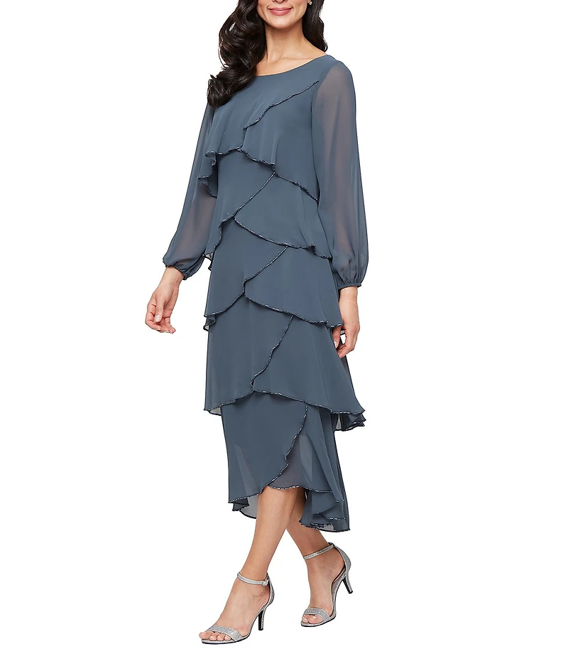 Ignite Evenings Chiffon Boat Neck 3/4 Sleeve Beaded Trim Tiered Midi Dress