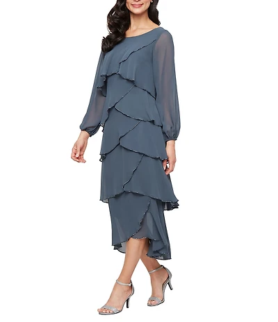 Ignite Evenings Chiffon Boat Neck 3/4 Sleeve Beaded Trim Tiered Midi Dress