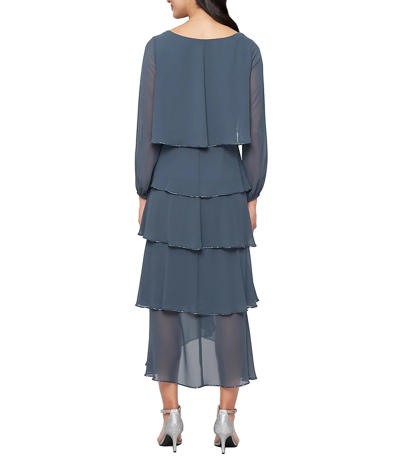 Ignite Evenings Chiffon Boat Neck 3/4 Sleeve Beaded Trim Tiered Midi Dress
