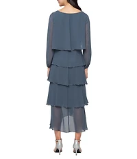 Ignite Evenings Chiffon Boat Neck 3/4 Sleeve Beaded Trim Tiered Midi Dress