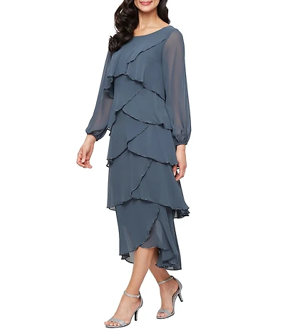 Ignite Evenings Chiffon Boat Neck 3/4 Sleeve Beaded Trim Tiered Midi Dress