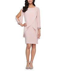 Ignite Evenings Chiffon Crew Neck 3/4 Sleeve Tulip Overlay Sheath Dress