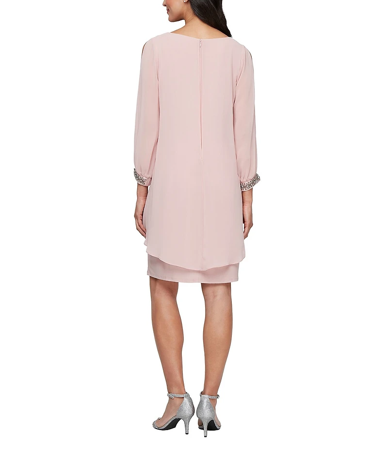 Ignite Evenings Chiffon Crew Neck 3/4 Sleeve Tulip Overlay Sheath Dress
