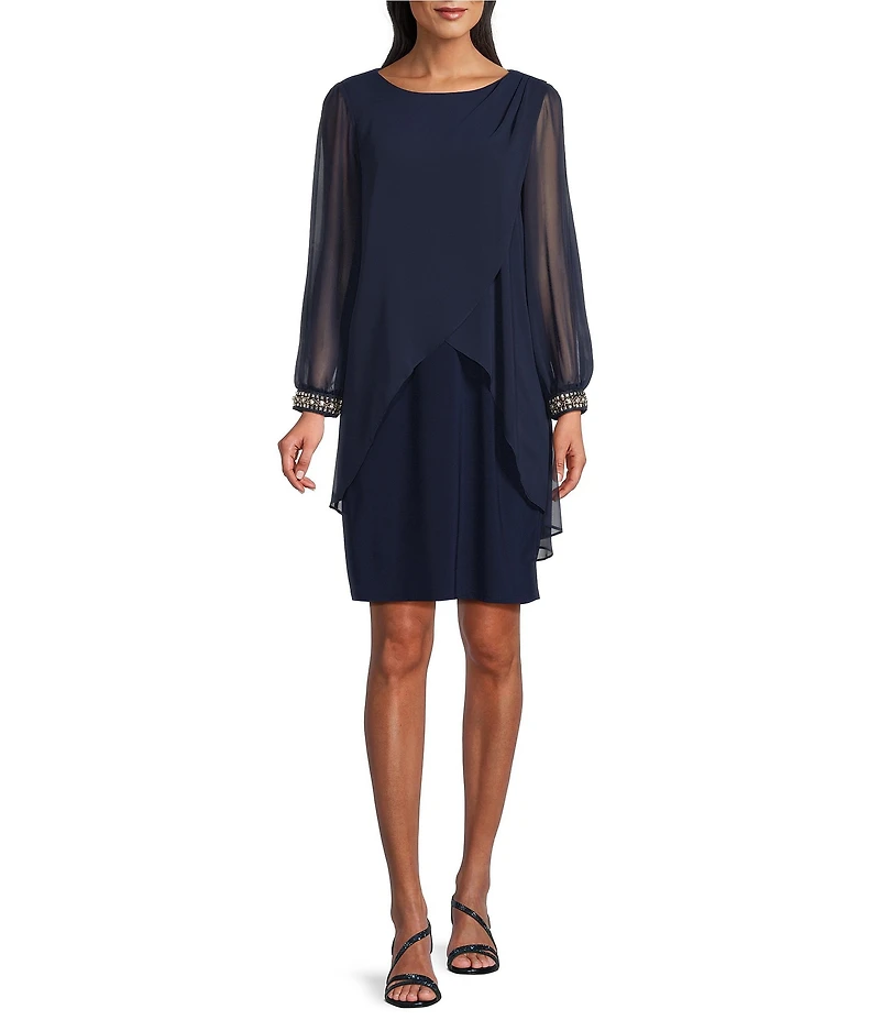 Ignite Evenings Chiffon Crew Neck 3/4 Sleeve Tulip Overlay Sheath Dress