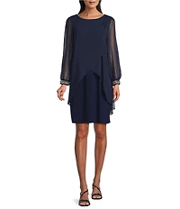 Ignite Evenings Chiffon Crew Neck 3/4 Sleeve Tulip Overlay Sheath Dress