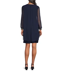 Ignite Evenings Chiffon Crew Neck 3/4 Sleeve Tulip Overlay Sheath Dress