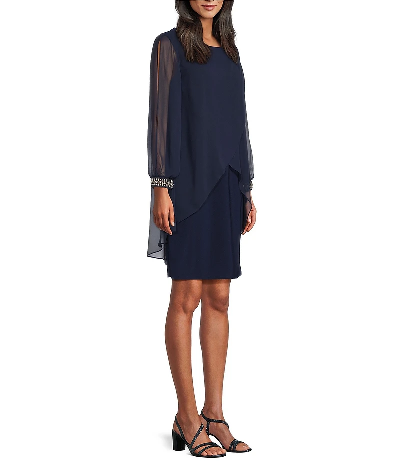 Ignite Evenings Chiffon Crew Neck 3/4 Sleeve Tulip Overlay Sheath Dress