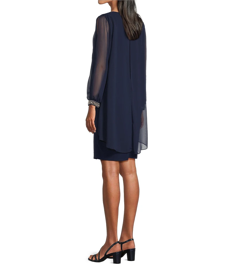 Ignite Evenings Chiffon Crew Neck 3/4 Sleeve Tulip Overlay Sheath Dress