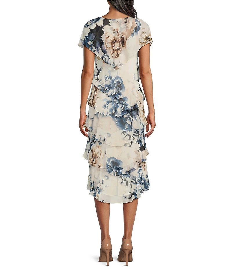 Ignite Evenings Chiffon Embellished Shoulder Cap Sleeve Crew Neck Printed Tiered Shift Midi Dress