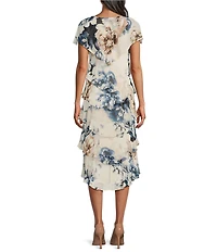 Ignite Evenings Chiffon Embellished Shoulder Cap Sleeve Crew Neck Printed Tiered Shift Midi Dress