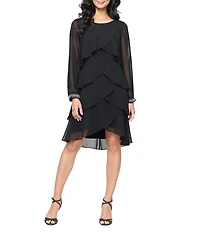 Ignite Evenings Chiffon Rhinestone Cuffed Long Sleeve Tiered Dress