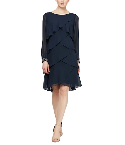 Ignite Evenings Chiffon Rhinestone Cuffed Long Sleeve Tiered Dress