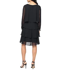Ignite Evenings Chiffon Rhinestone Cuffed Long Sleeve Tiered Dress