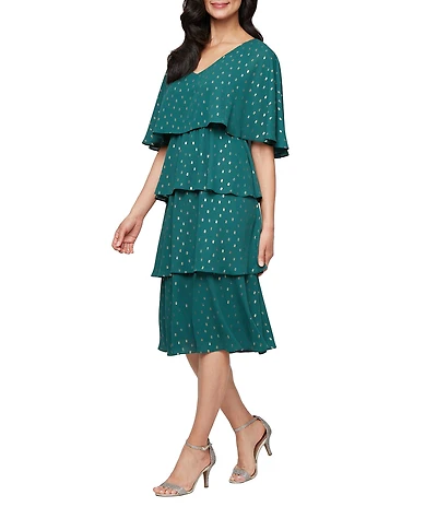 Ignite Evenings Chiffon Tea Length Tiered Foiled Dot Dress