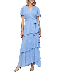 Ignite Evenings Chiffon Tiered Skirt Tie Belt Short Sleeve Long Dress