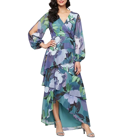Ignite Evenings Chiffon V-Neck Floral Print Faux Wrap High-Low Hem Tiered Maxi Dress