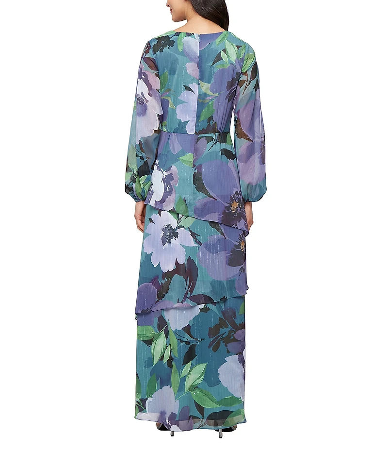 Ignite Evenings Chiffon V-Neck Floral Print Faux Wrap High-Low Hem Tiered Maxi Dress