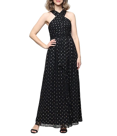 Ignite Evenings Cross Halter Neck Ruch Waist Foil Dot Chiffon Long Dress