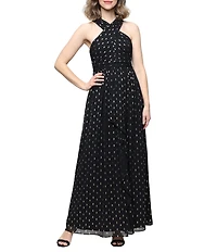 Ignite Evenings Cross Halter Neck Ruch Waist Foil Dot Chiffon Long Dress