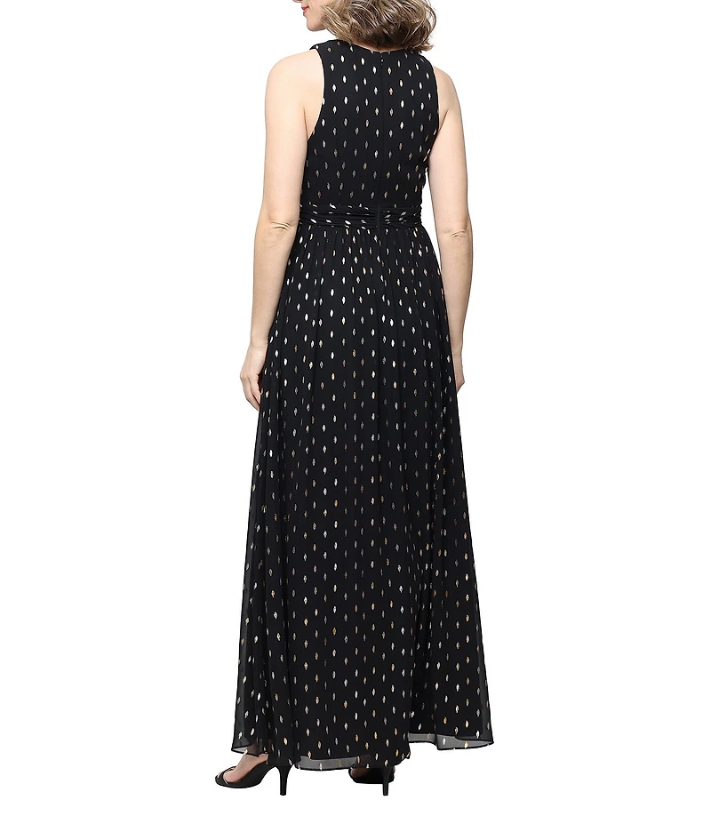 Ignite Evenings Cross Halter Neck Ruch Waist Foil Dot Chiffon Long Dress