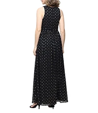 Ignite Evenings Cross Halter Neck Ruch Waist Foil Dot Chiffon Long Dress