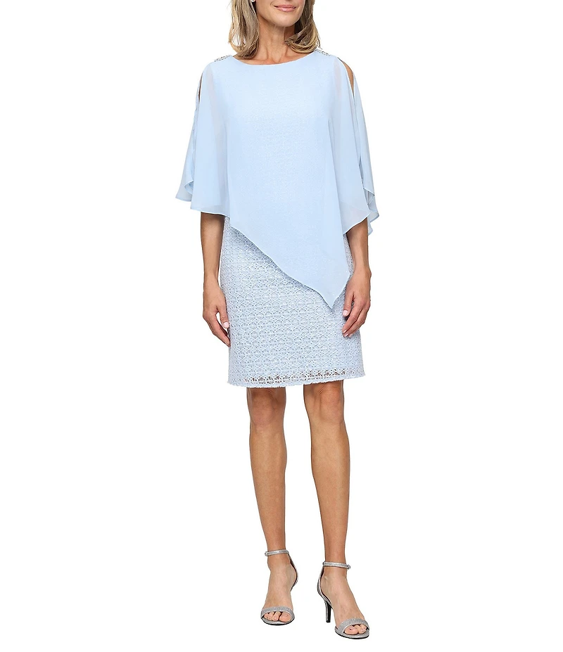Ignite Evenings Crotchet Lace Asymmetric Chiffon Overlay Dress