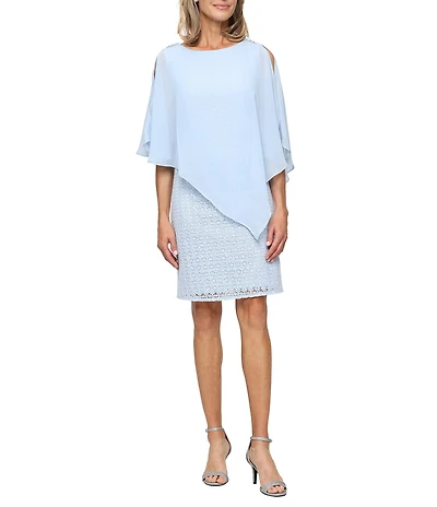 Ignite Evenings Crotchet Lace Asymmetric Chiffon Overlay Dress