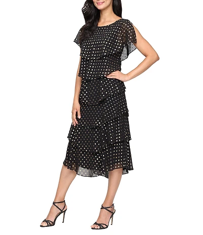 Ignite Evenings Dotted Foil Print Chiffon Scoop Neck Short Capelet Sleeve Tiered Midi Dress