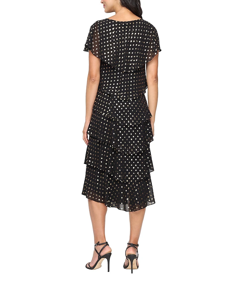 Ignite Evenings Dotted Foil Print Chiffon Scoop Neck Short Capelet Sleeve Tiered Midi Dress