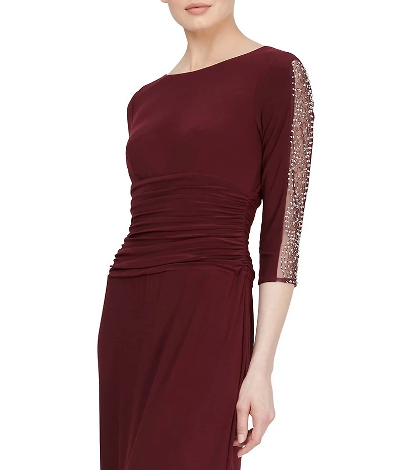 Ignite Evenings Embellished 3/4 Sleeve Ruched Bodice Boat Neck Column Gown