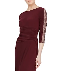 Ignite Evenings Embellished 3/4 Sleeve Ruched Bodice Boat Neck Column Gown
