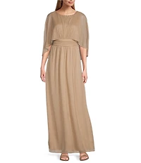 Ignite Evenings Embellished Crew Neck Capelet Sleeve Glitter Mesh Sheath Dress