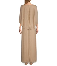 Ignite Evenings Embellished Crew Neck Capelet Sleeve Glitter Mesh Sheath Dress
