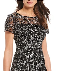 Ignite Evenings Embroidered Soutache Floral Lace Illusion Round Neck Short Sleeve Midi Dress