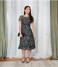 Ignite Evenings Embroidered Soutache Floral Lace Illusion Round Neck Short Sleeve Midi Dress