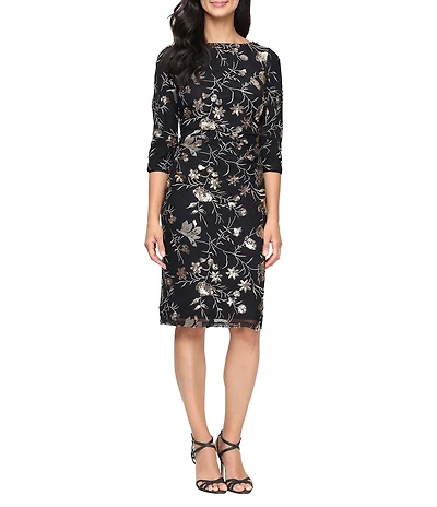 Ignite Evenings Floral Embroidered Sequin Scoop Neck 3/4 Sleeve Ruched Waist Sheath Dress