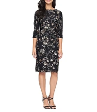 Ignite Evenings Floral Embroidered Sequin Scoop Neck 3/4 Sleeve Ruched Waist Sheath Dress