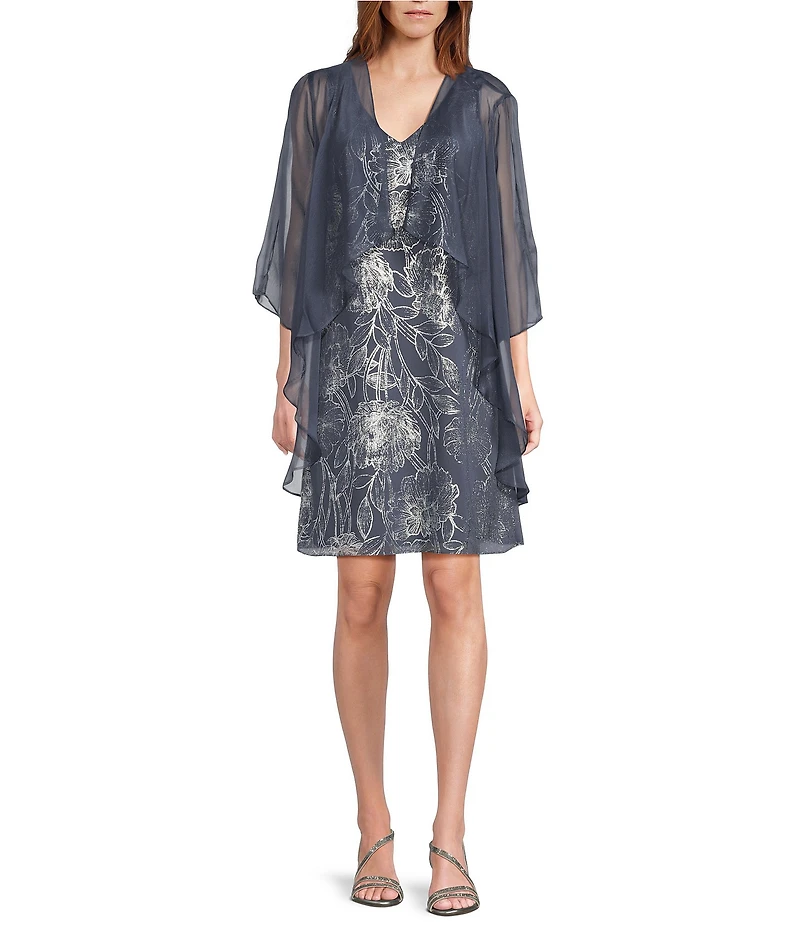 Ignite Evenings Floral Foil Print Chiffon V-Neck Sleeveless A-Line Dress With Removable Cascade Chiffon Jacket