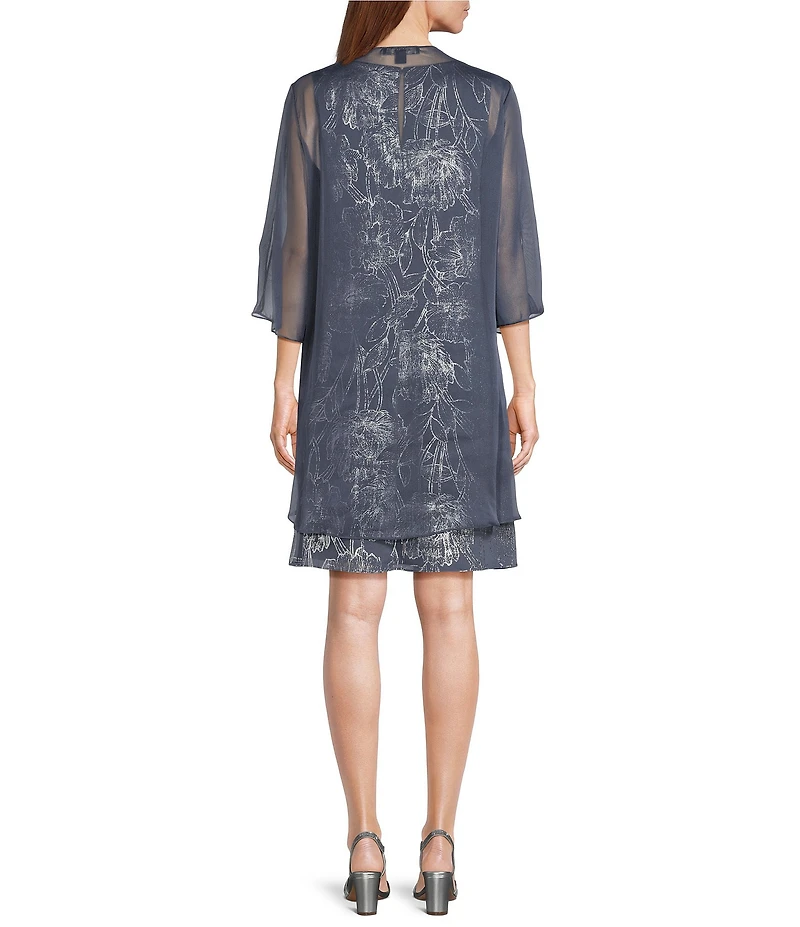 Ignite Evenings Floral Foil Print Chiffon V-Neck Sleeveless A-Line Dress With Removable Cascade Chiffon Jacket