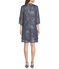 Ignite Evenings Floral Foil Print Chiffon V-Neck Sleeveless A-Line Dress With Removable Cascade Chiffon Jacket