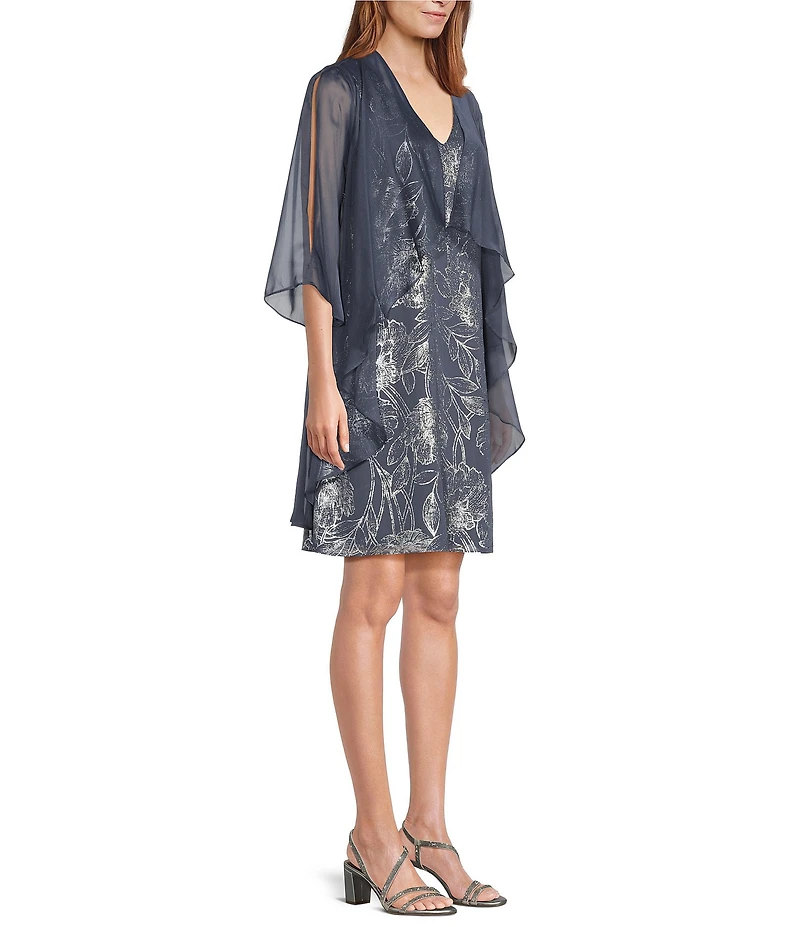 Ignite Evenings Floral Foil Print Chiffon V-Neck Sleeveless A-Line Dress With Removable Cascade Chiffon Jacket