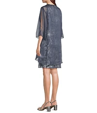 Ignite Evenings Floral Foil Print Chiffon V-Neck Sleeveless A-Line Dress With Removable Cascade Chiffon Jacket